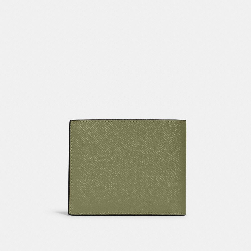 COACH®,3-In-1 Wallet With Signature Canvas Interior,Leather,Canvas,Bi Fold,Logo,Metal,Silver Metal,Casual,Olive,Back View