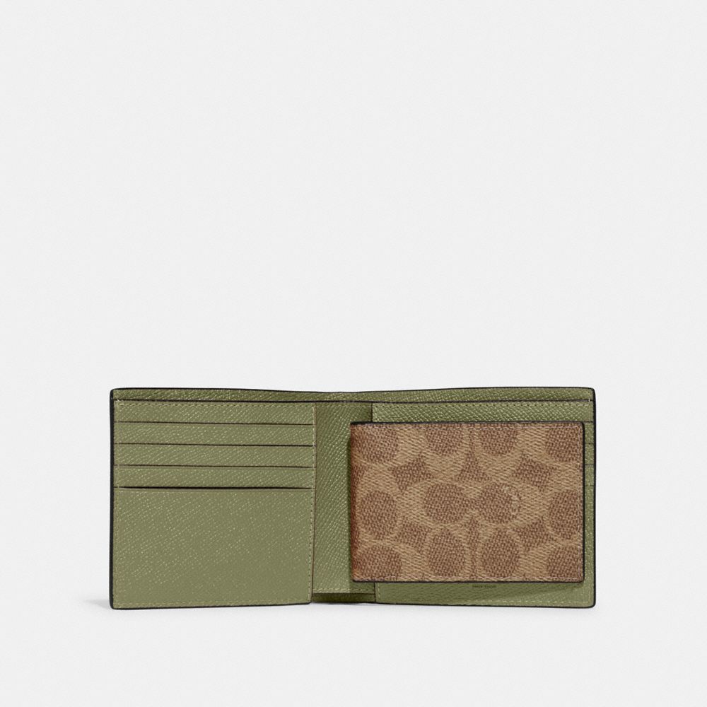 COACH®,3-In-1 Wallet With Signature Canvas Interior,Leather,Canvas,Bi Fold,Logo,Metal,Silver Metal,Casual,Olive,Inside View,Top View
