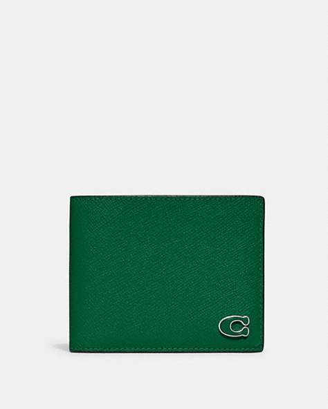 COACH®,3-IN-1 WALLET WITH SIGNATURE CANVAS INTERIOR,Crossgrain Leather,Green,Front View