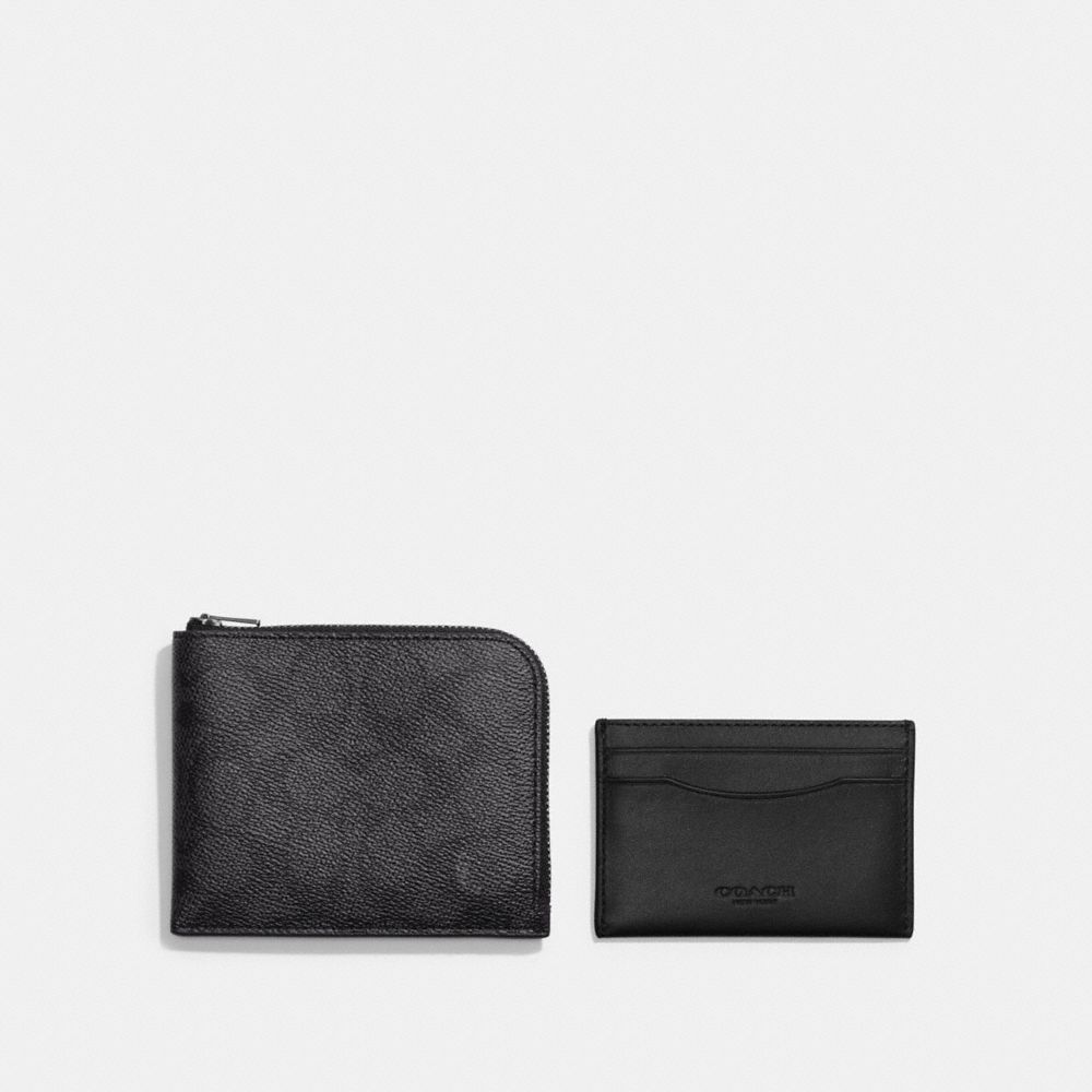 COACH®,3-IN-1 L-ZIP WALLET IN SIGNATURE CANVAS,Charcoal/Black,Front View
