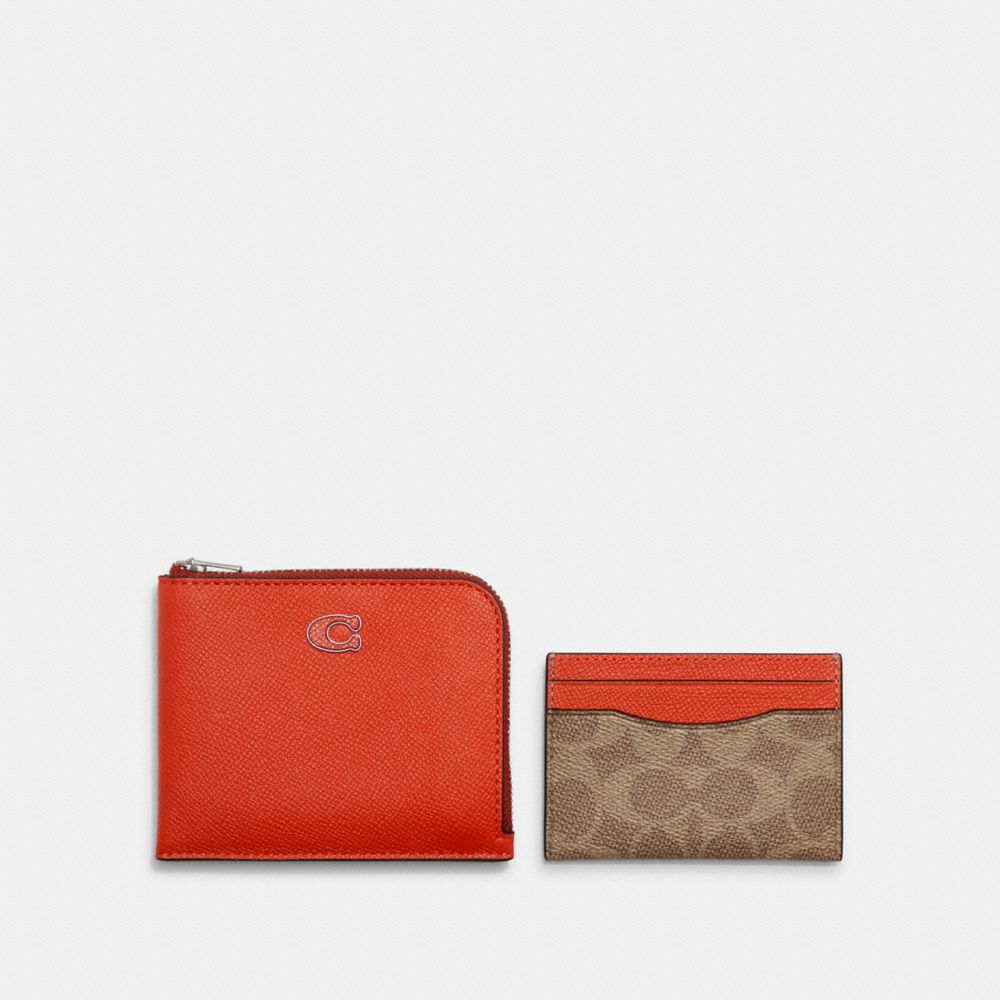 COACH®,3-IN-1 L-ZIP WALLET WITH SIGNATURE CANVAS,Mini,Sun Orange/Tan,Front View image number 0