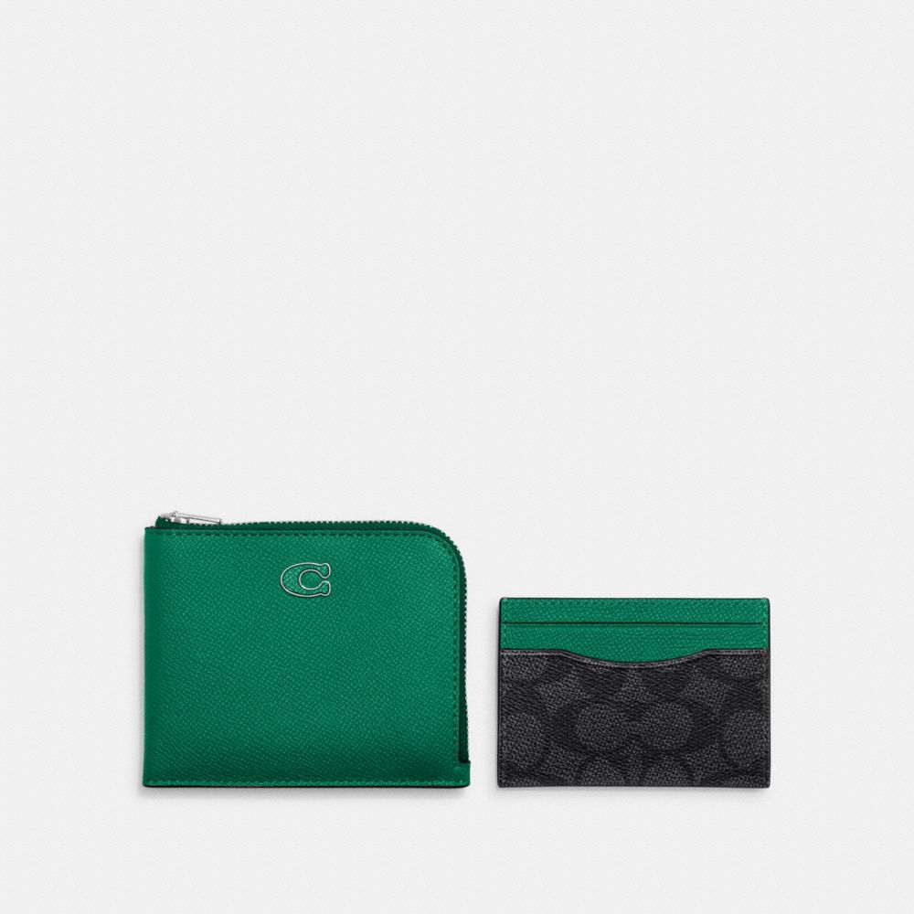 COACH®,3-IN-1 L-ZIP WALLET WITH SIGNATURE CANVAS,Mini,Green/Charcoal,Front View image number 0