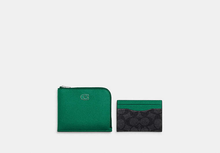 COACH®,3-IN-1 L-ZIP WALLET WITH SIGNATURE CANVAS,Mini,Green/Charcoal,Front View image number 0