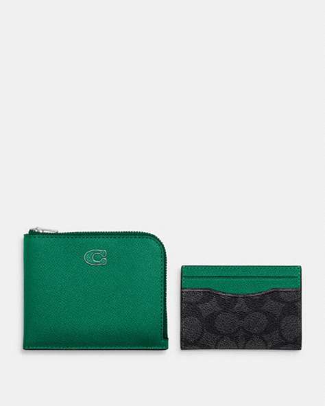 COACH®,3-IN-1 L-ZIP WALLET WITH SIGNATURE CANVAS,Mini,Green/Charcoal,Front View