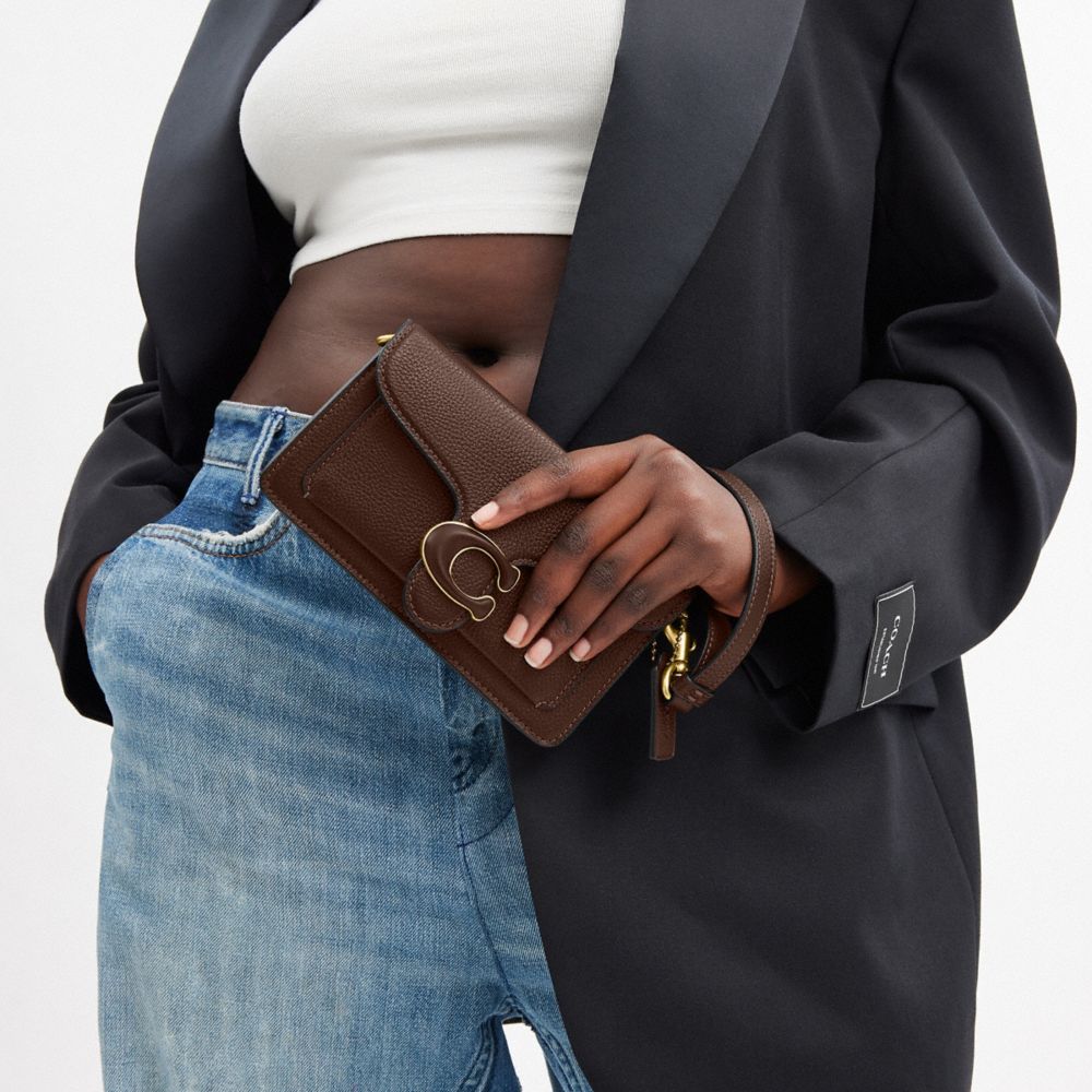 COACH®,Tabby Crossbody Wristlet,Leather,Wristlet,Crossbody,Logo,Gusset,Gunmetal,Casual,Brown,Detail View