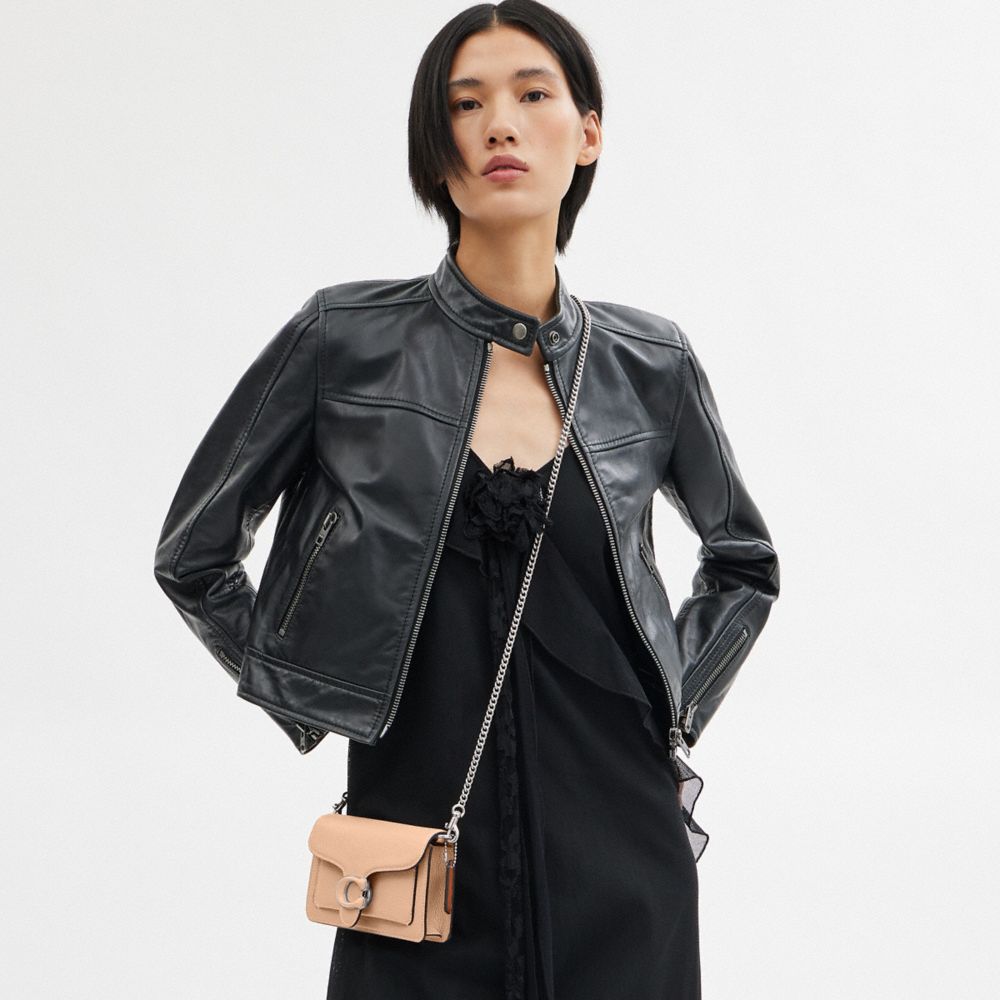 COACH®,Tabby Crossbody Wristlet,Leather,Crossbody,Wristlet,Logo,Gusset,Gunmetal,Casual,Beige