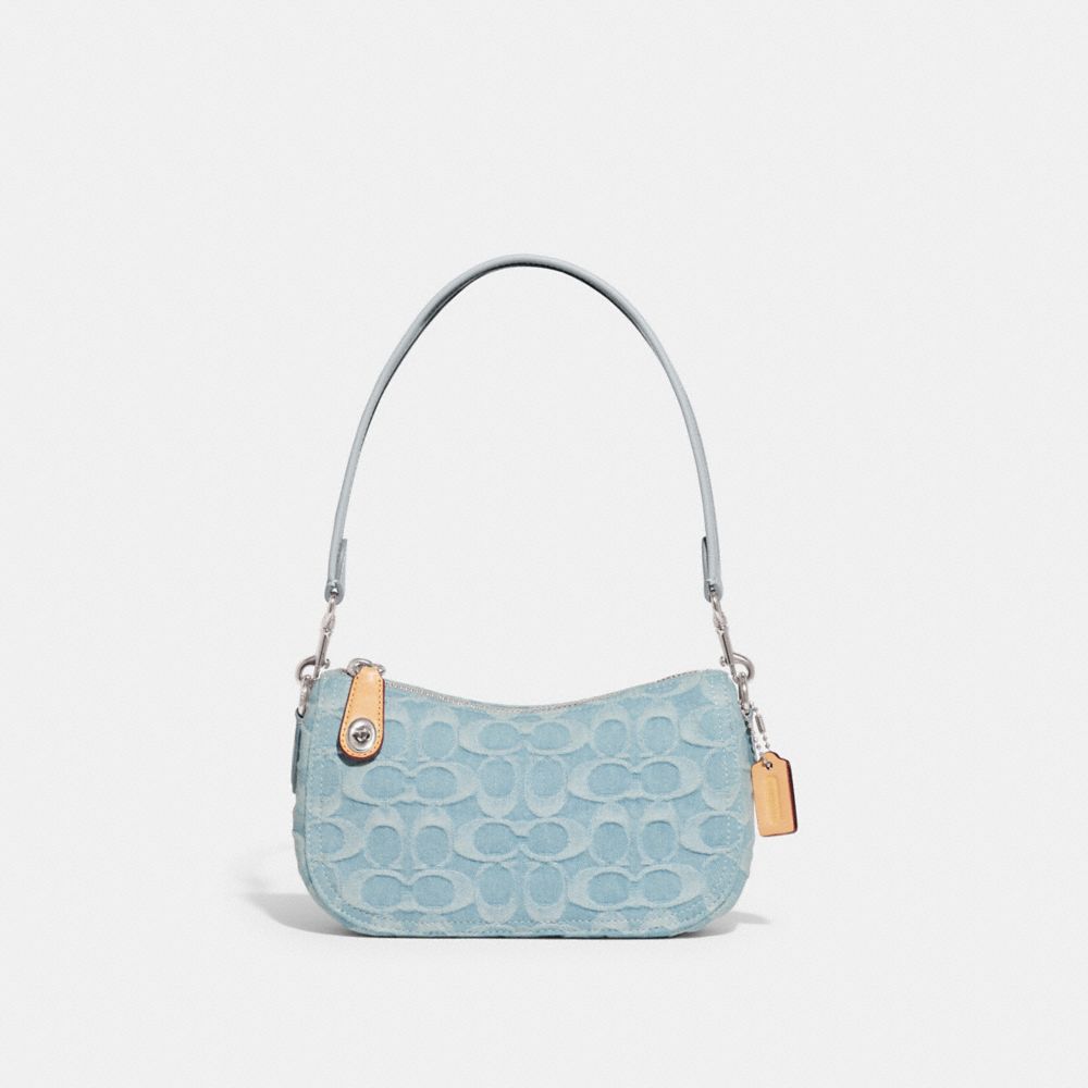 COACH®,SWINGER BAG 20 IN SIGNATURE DENIM,Denim,Small,Silver/Pale Blue,Front View