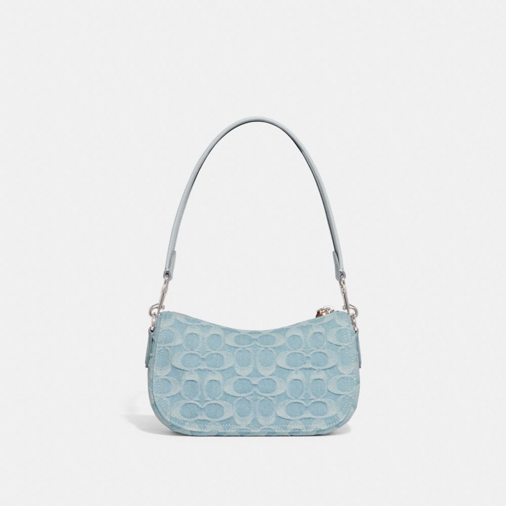 COACH®,SWINGER BAG 20 IN SIGNATURE DENIM,Denim,Small,Silver/Pale Blue,Back View