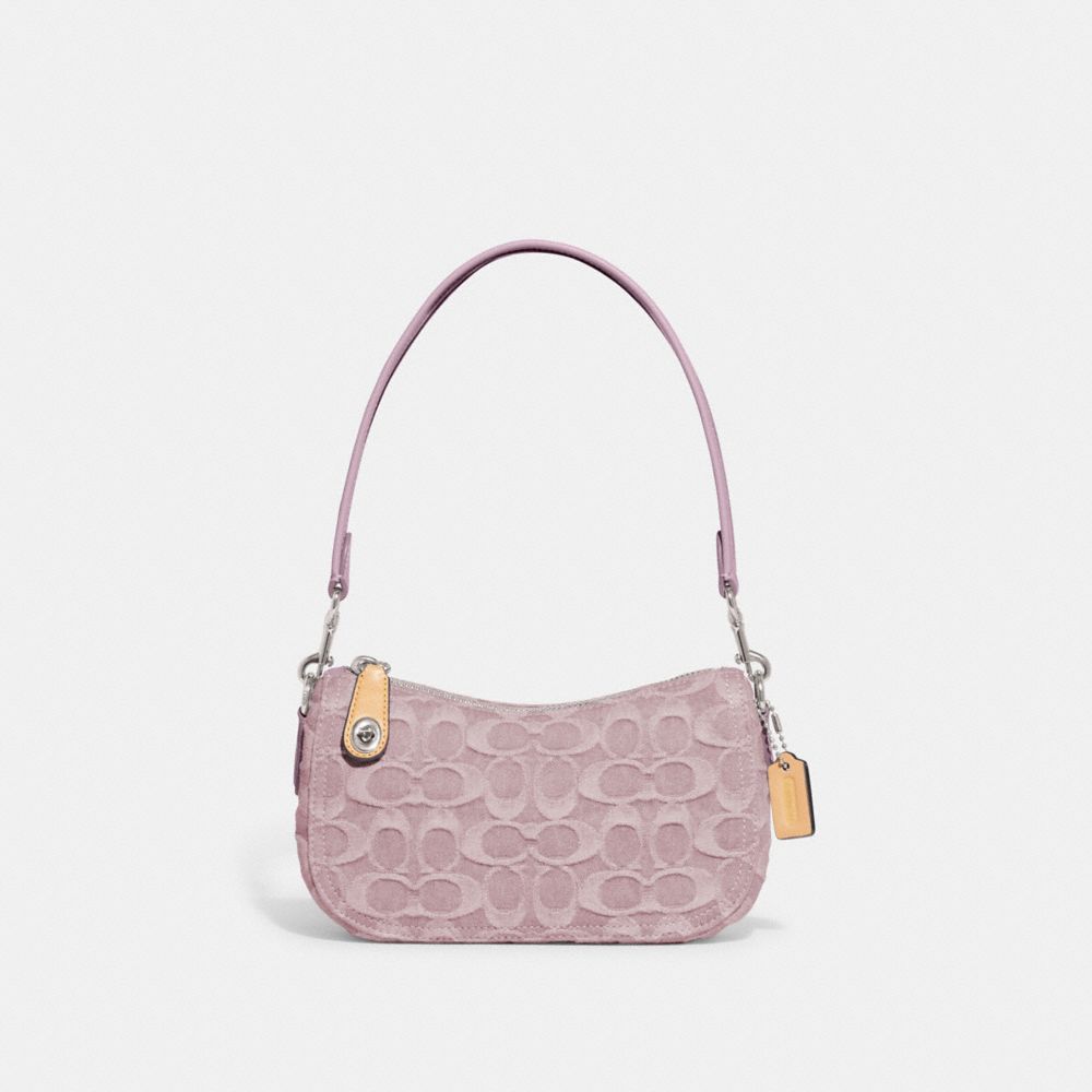 COACH®,SWINGER 20 EN DENIM SIGNATURE,Denim,Argent/Pourpre pâle,Front View