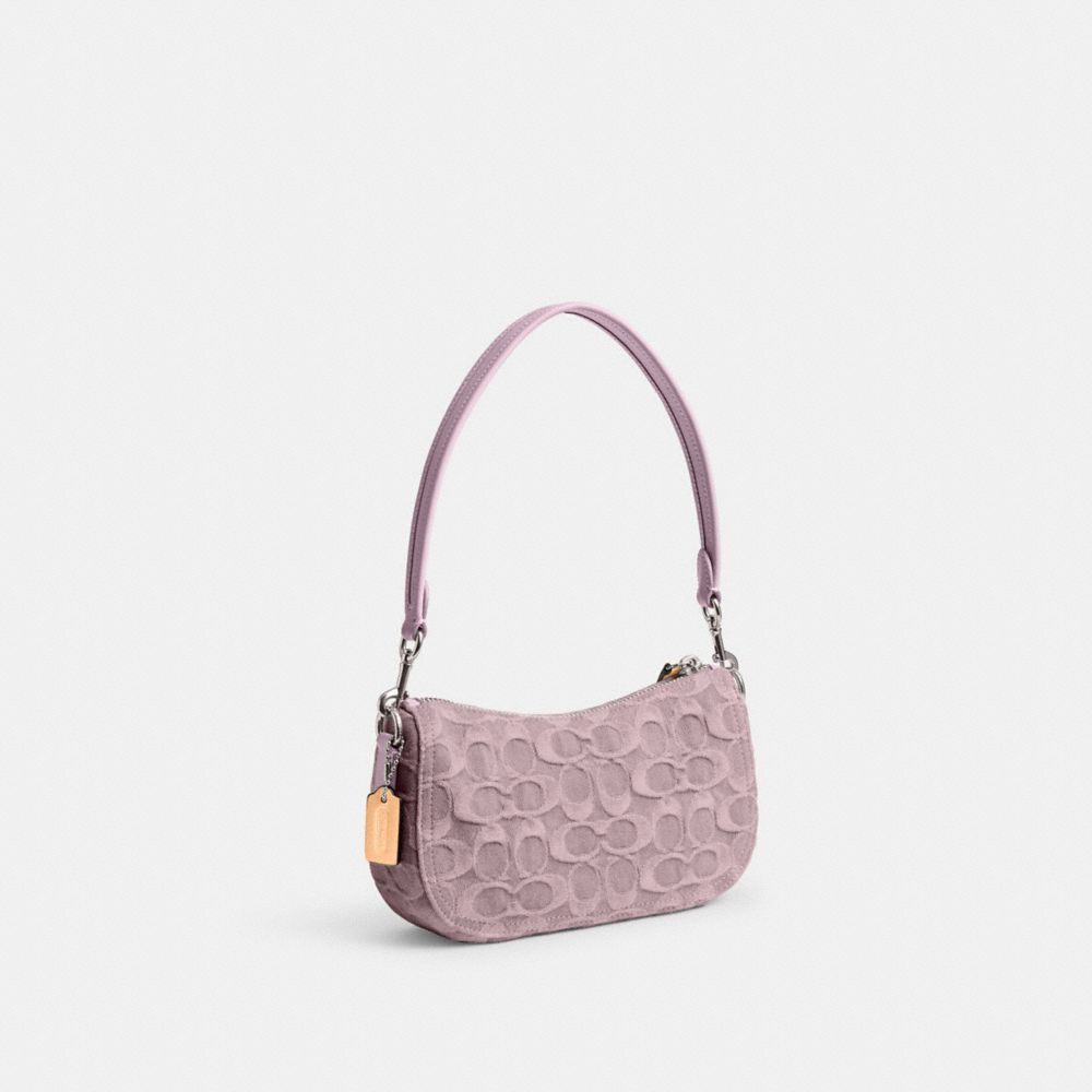 COACH®,SWINGER 20 EN DENIM SIGNATURE,Denim,Argent/Pourpre pâle,Angle View