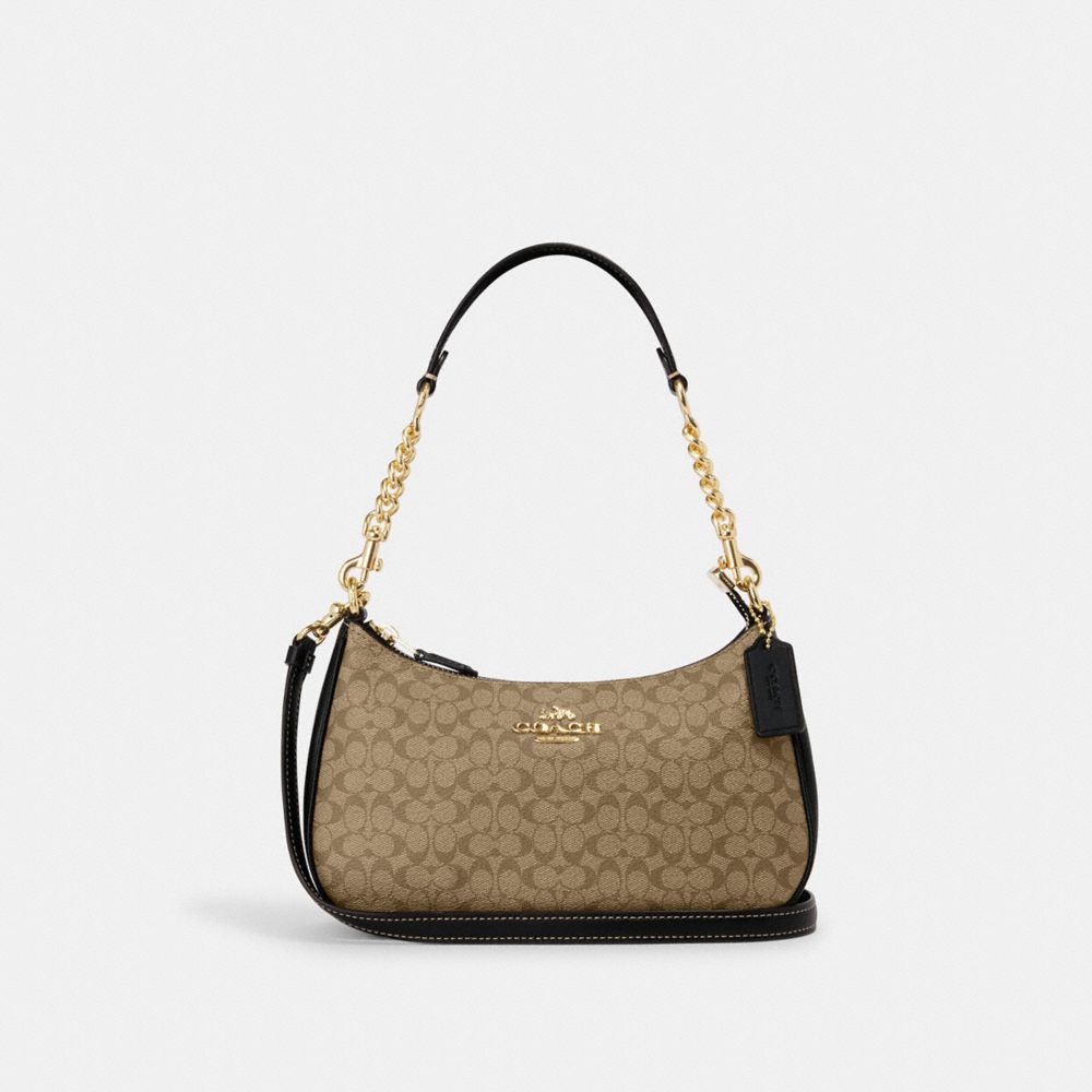 COACH®,TERI SHOULDER BAG IN SIGNATURE CANVAS,Signature Canvas,Gold/Khaki/Black,Front View