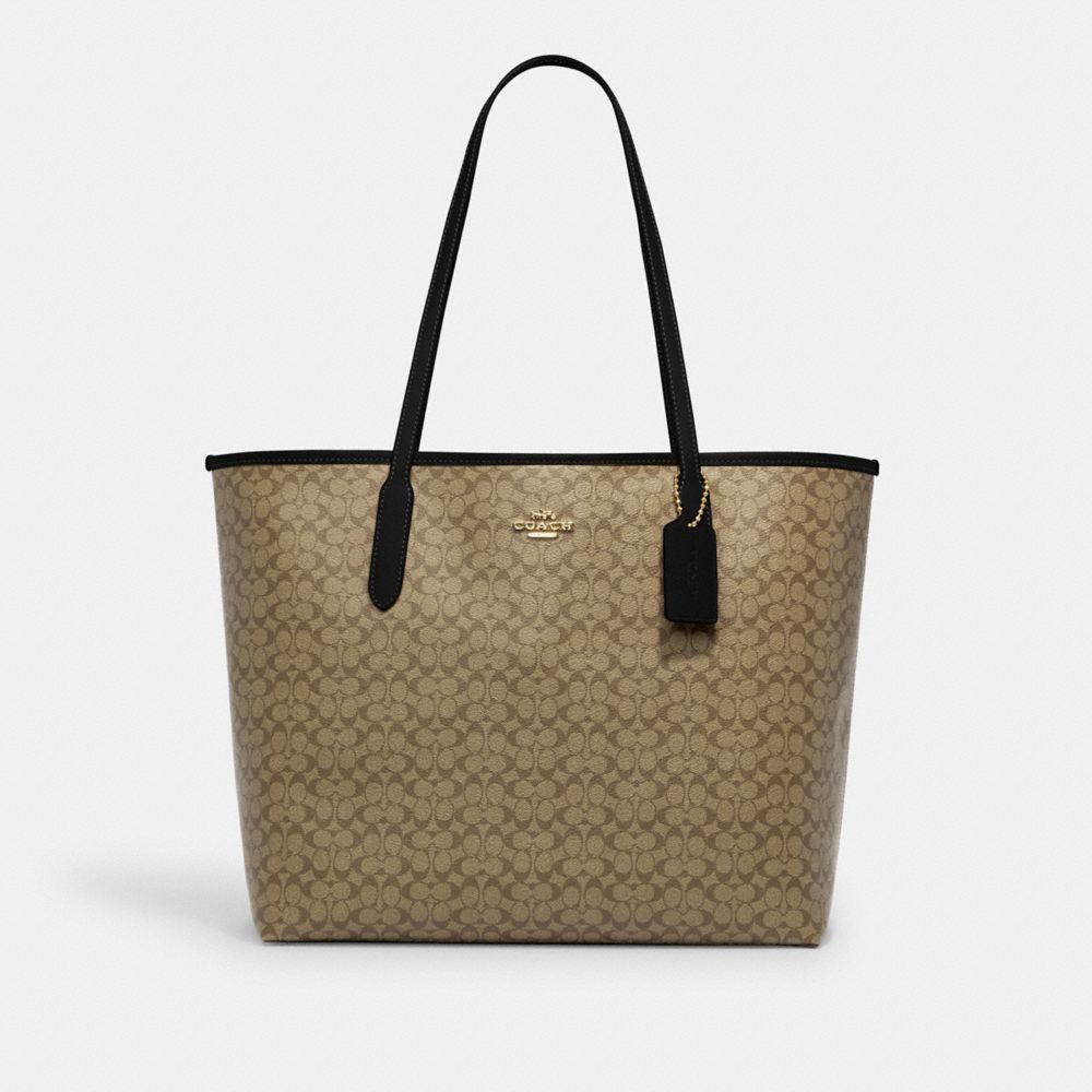 COACH®,CITY TOTE BAG IN MICRO SIGNATURE CANVAS,Signature Canvas,X-Large,Gold/Khaki/Black,Front View