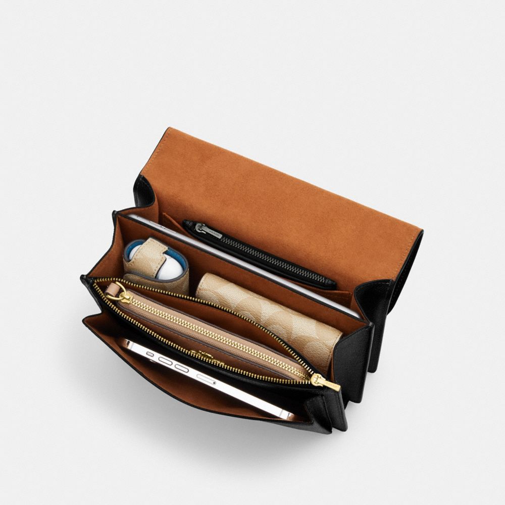 COACH®,Klare Crossbody Bag In Micro Signature Canvas,Leather,Canvas,Crossbody,PVC,Color Block,Logo,Gusset,Gold Metal,Day P...,Brown,Inside View, Top View