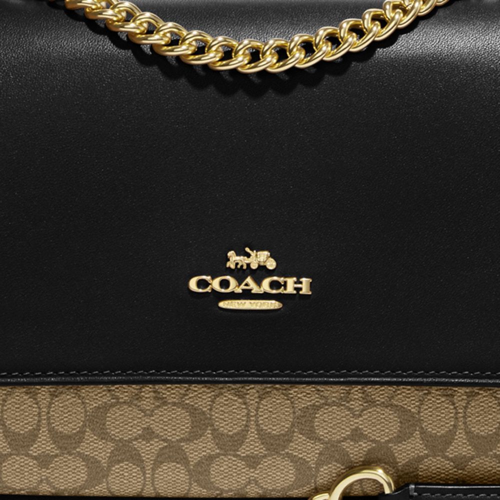 COACH®,Klare Crossbody Bag In Micro Signature Canvas,Leather,Canvas,Crossbody,PVC,Color Block,Logo,Gusset,Gold Metal,Day P...,Black,Detail View