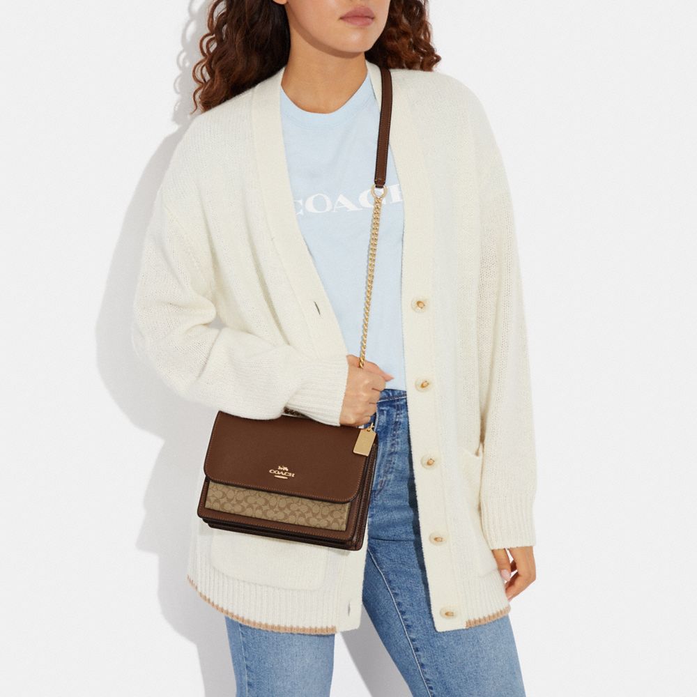 COACH®,Klare Crossbody Bag In Micro Signature Canvas,Leather,Canvas,Crossbody,PVC,Color Block,Logo,Gusset,Gold Metal,Day P...,Brown,Detail View