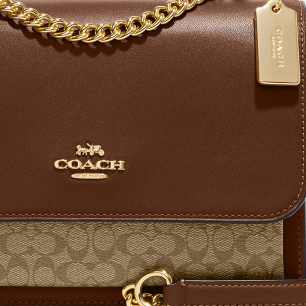COACH®,Klare Crossbody Bag In Micro Signature Canvas,Leather,Canvas,Crossbody,PVC,Color Block,Logo,Gusset,Gold Metal,Day P...,Brown,Detail View