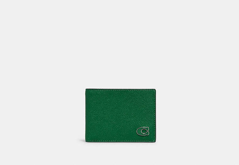 COACH®,SLIM BILLFOLD WALLET,Crossgrain Leather,Green,Front View image number 0