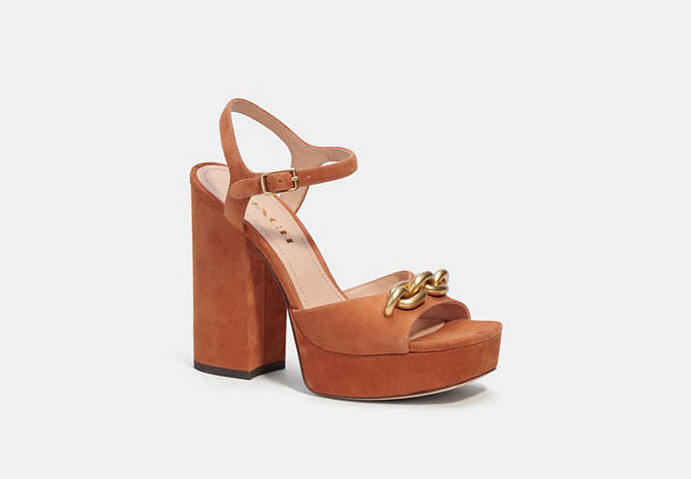 COACH®,NICOLETTE SANDAL,Suede,Burnished Amber,Front View