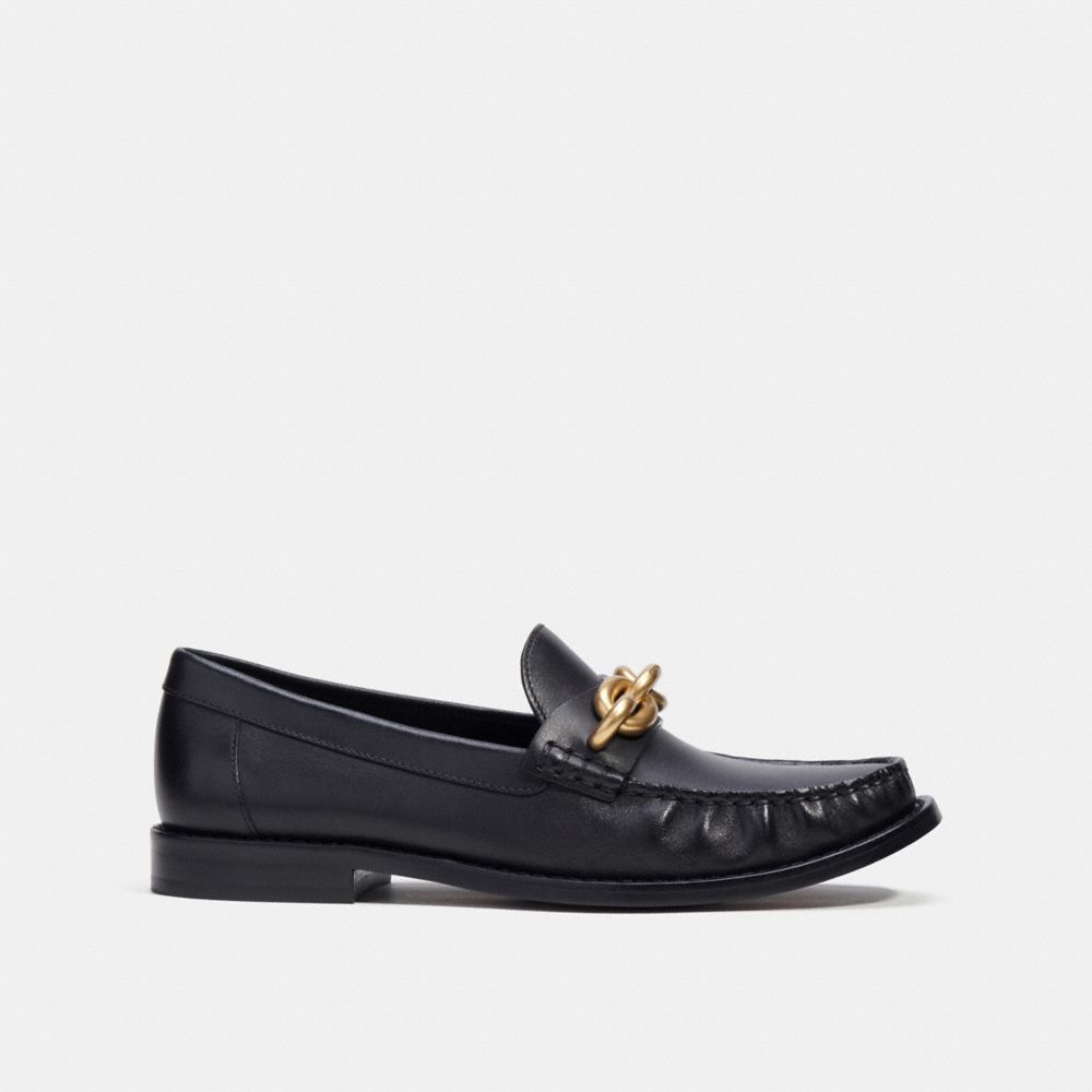 COACH®,JESS LOAFER,Black & Gold,Angle View