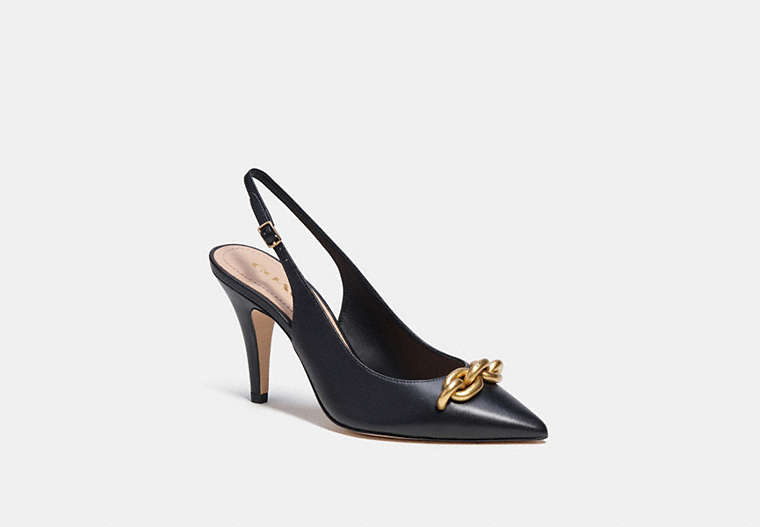 COACH®,SADIE SLINGBACK PUMP,Leather,Black & Gold,Front View