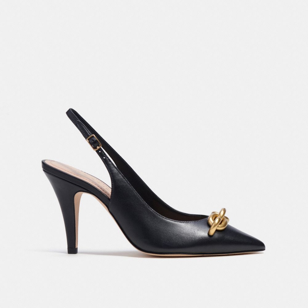 COACH®,SADIE SLINGBACK PUMP,Black & Gold,Angle View