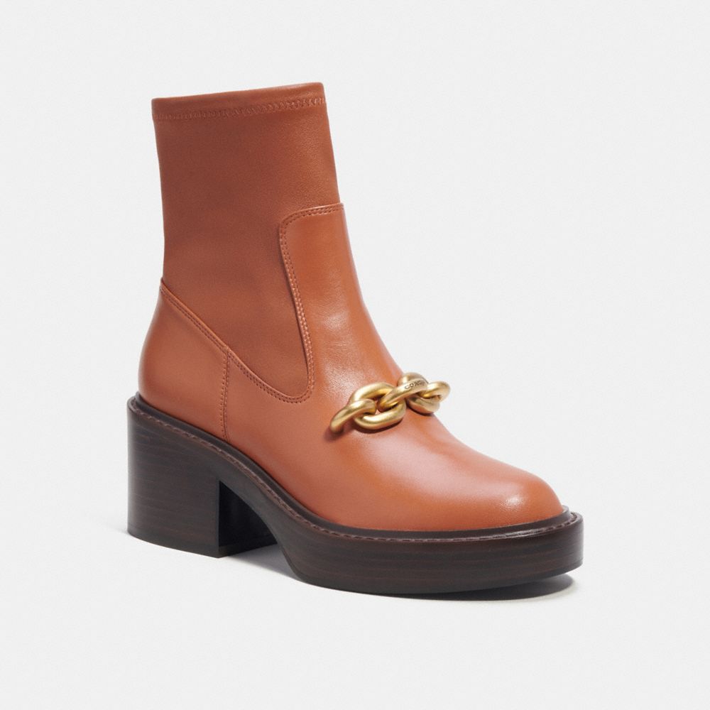 COACH®,Kenna Bootie,Lining Leather,Leather,Rubber,Bootie,Chain Detail,Gold Metal,Casual,Brown,Front View