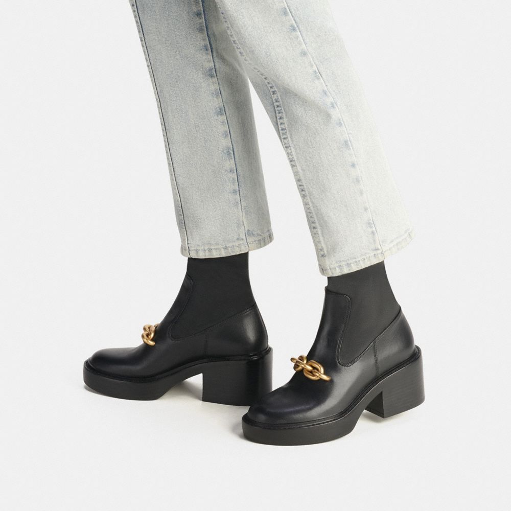 COACH®,Kenna Bootie,Lining Leather,Leather,Rubber,Bootie,Chain Detail,Gold Metal,Casual,Black,Detail View