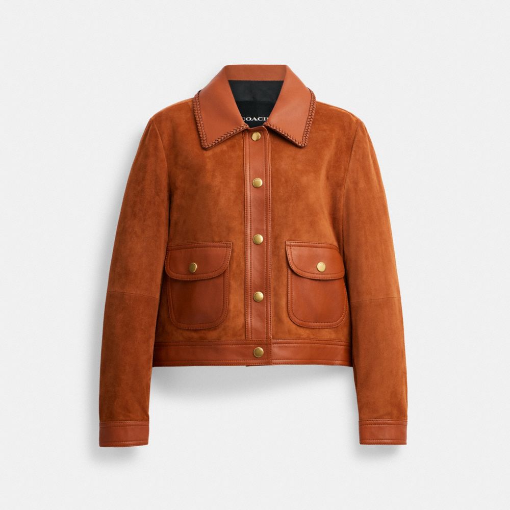 COACH®,BRAIDED SUEDE JACKET,Burnished Amber,Front View