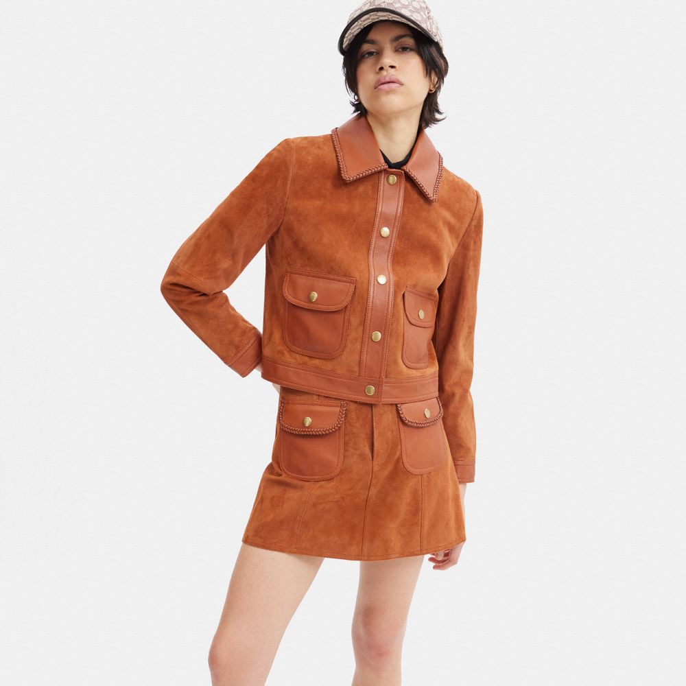 COACH®,BRAIDED SUEDE JACKET,Burnished Amber,Scale View