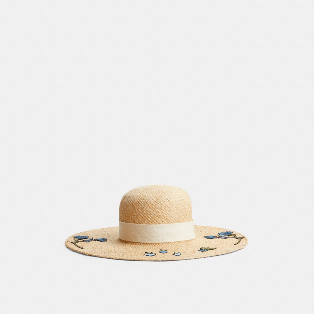 COACH®,COACH X OBSERVED BY US EMBROIDERED STRAW HAT,Natural/Multi,Front View