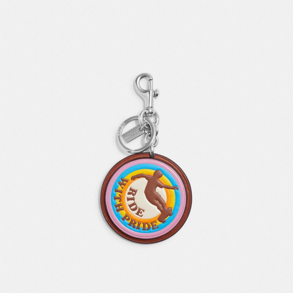 COACH®,RIDE WITH PRIDE BAG CHARM IN RAINBOW SIGNATURE CANVAS,Silver/Chalk Multi,Front View