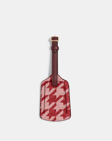 COACH®,LUGGAGE TAG WITH HOUNDSTOOTH PRINT,Mixed Material,Im/Pink/Red,Front View