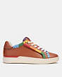 COACH®,LOWLINE LOW TOP SNEAKER WITH RAINBOW CROCHET,Leather,Burnished Amber/Rainbow,Angle View