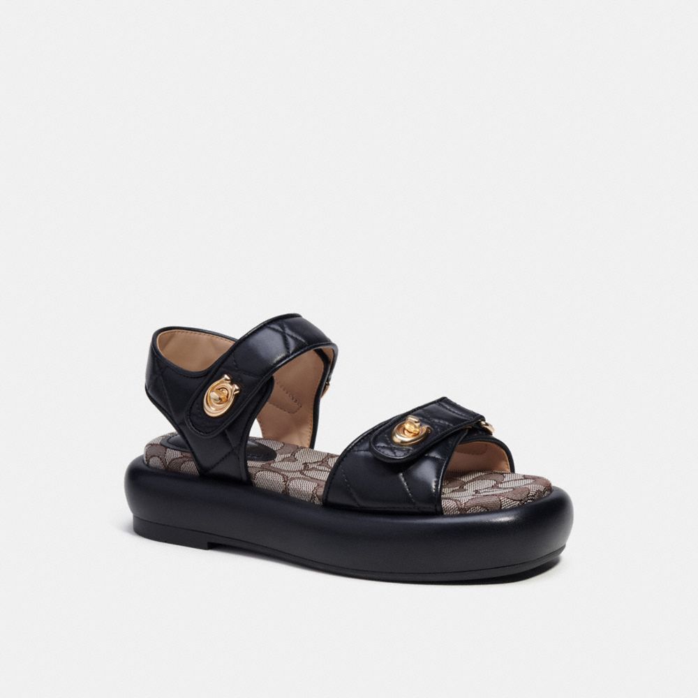 COACH®,PEYTON SANDAL WITH SIGNATURE JACQUARD,Leather,Black,Front View image number 0