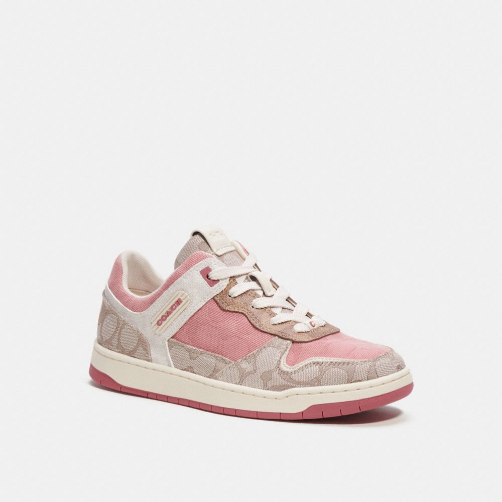 COACH®,C201 LOW TOP SNEAKER IN SIGNATURE,Signature Jacquard,Bubblegum/Stone,Front View image number 0