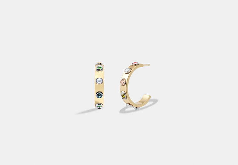 COACH®,PEGGED PEARL AND STONE HOOP EARRINGS,Gold/Multi,Front View