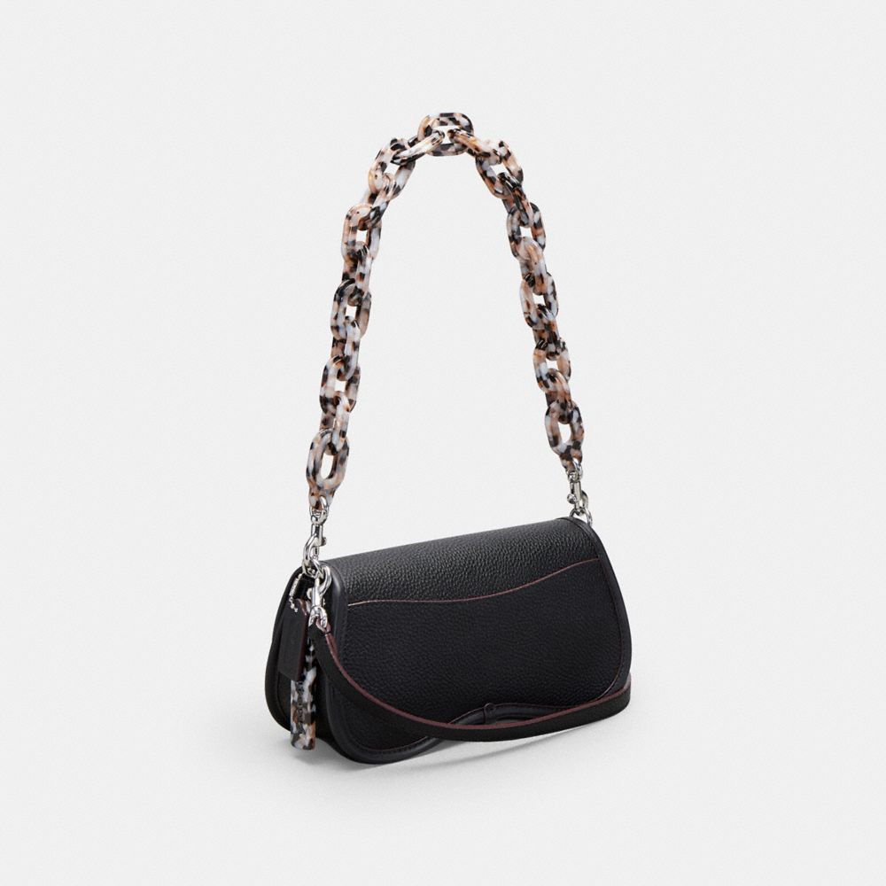 COACH®,Wavy Dinky Bag In Coachtopia Leather,Leather,Acrylic,Shoulder Bag,Plastic,Logo,Embossed,Silver Metal,Day Party,Black,Angle View