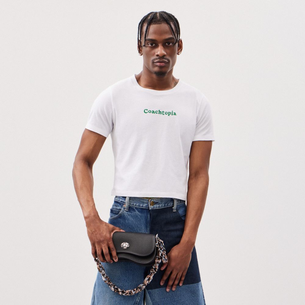 COACH®,Wavy Dinky Bag In Coachtopia Leather,Acrylic,Leather,Shoulder Bag,Plastic,Embossed,Logo,Silver Metal,Day Party,Black,Scale View