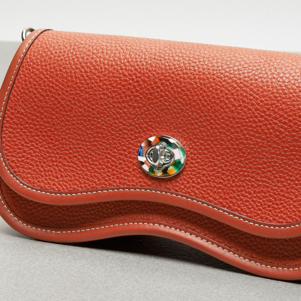 COACH®,Wavy Dinky Bag In Coachtopia Leather,Acrylic,Leather,Shoulder Bag,Plastic,Embossed,Logo,Silver Metal,Day Party,Burnt Orange,Closer View