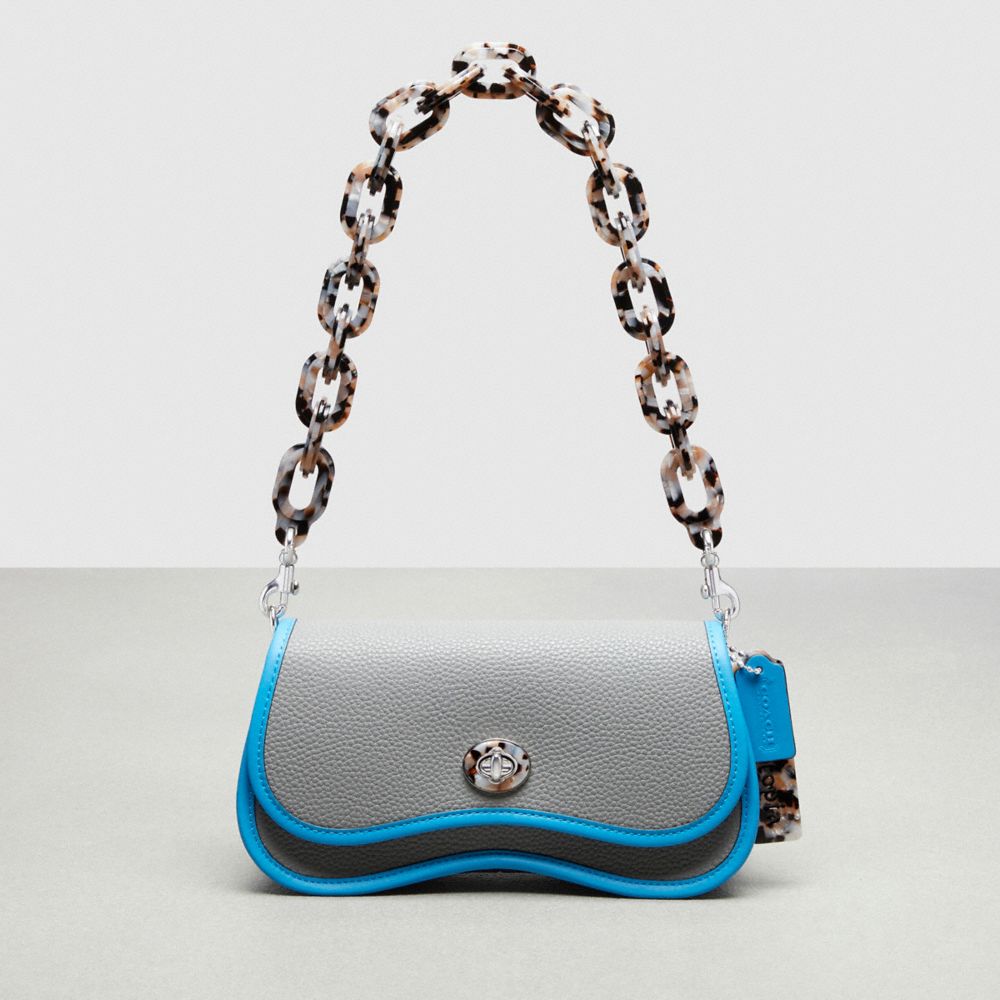 COACH®,Wavy Dinky Bag With Crossbody Strap,Coachtopia Leather,Small,Washed Steel/Surf Blue,Front View