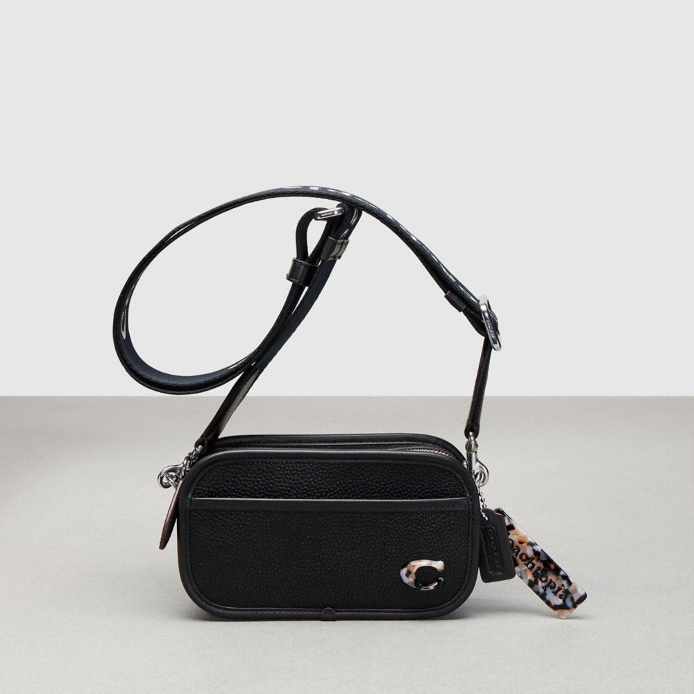 Black Crossbody Bag/Sling Bag in Textured Leather with Branded Strap