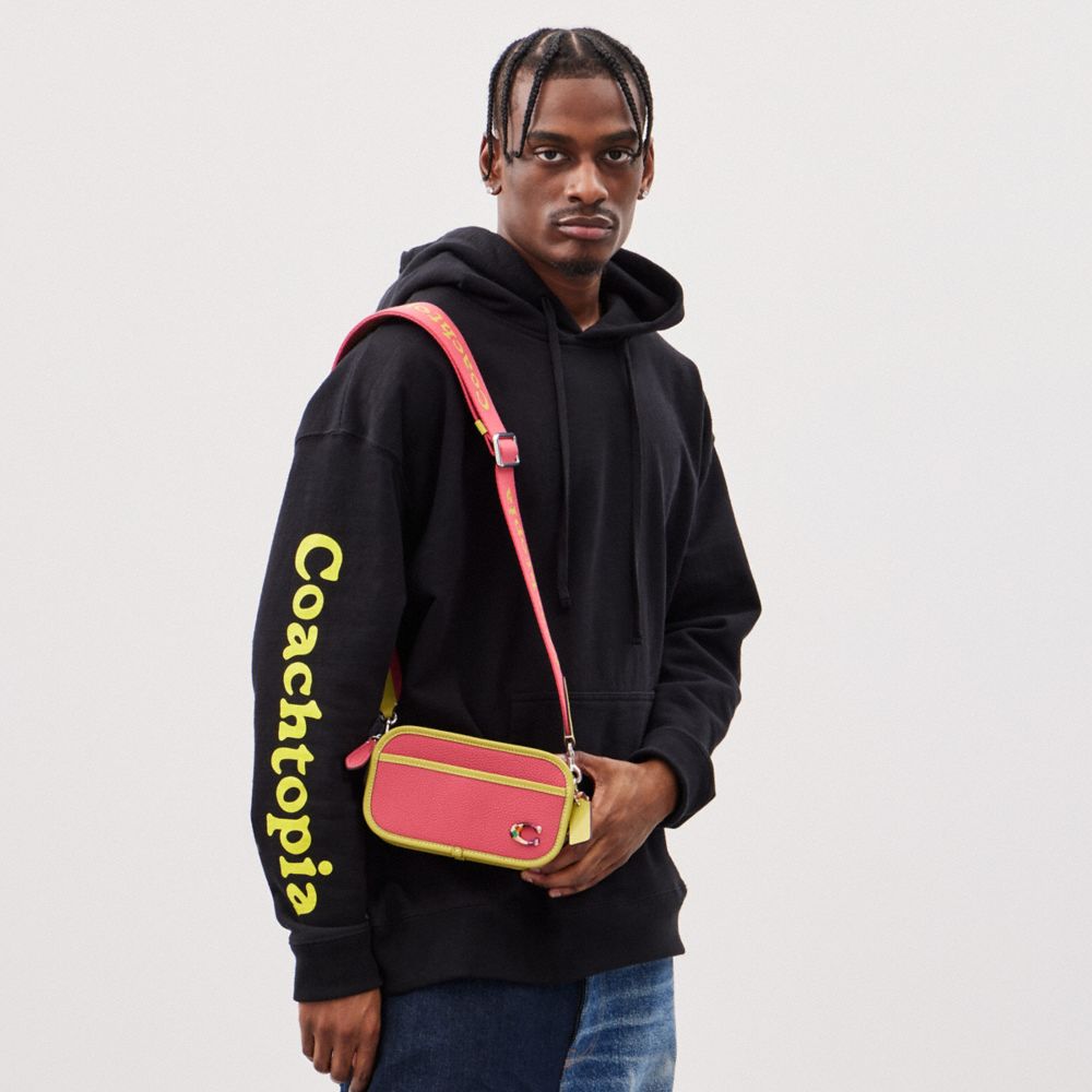 COACH®,Crossbody Belt Bag In Coachtopia Leather,Recycled Polyester,Leather,Crossbody,Plastic,Metal,Logo,Casual,Coral,Detail View