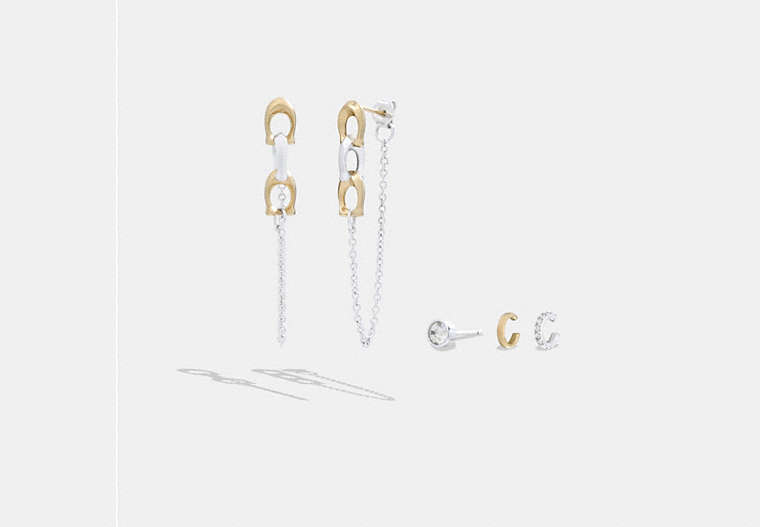 COACH®,SIGNATURE MIXED CHAIN AND STACKED EARRINGS SET,Plated Brass,Gold/Silver,Front View