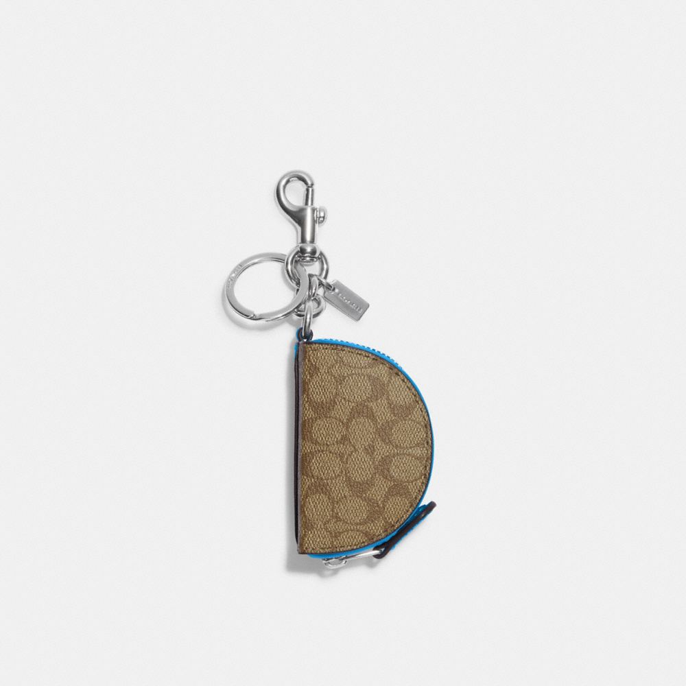 COACH®,MINI HALF MOON BAG CHARM IN SIGNATURE CANVAS,Mini,Silver/Khaki/Racer Blue,Front View