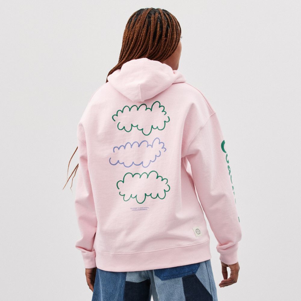COACH®,Hoodie With Cloud Print,Recycled Cotton,Recycled Polyester,Nylon,Sweatshirt,Drawstring,Casual,Pink,Scale View