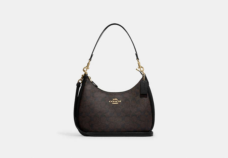 COACH®,TERI HOBO IN SIGNATURE CANVAS,Leather,Medium,Gold/Brown Black,Front View image number 0