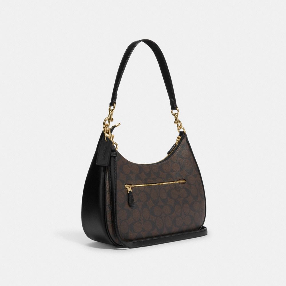 COACH®,SAC HOBO TERI EN TOILE SIGNATURE,Tissu en toile exclusif,Or/Brun noir,Angle View