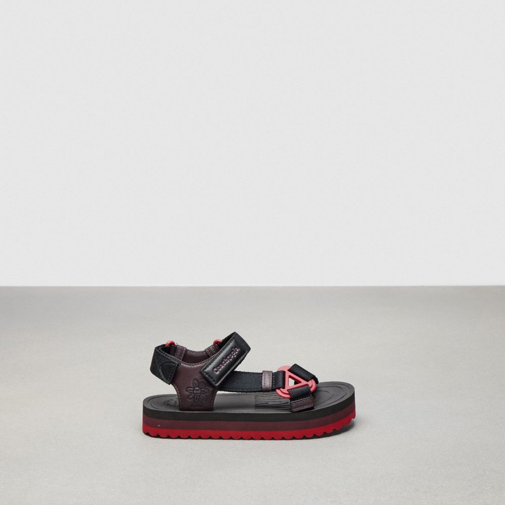 COACH®,Strappy Sandal,Coachtopia Leather,Black/Oxblood Multi,Front View image number 0