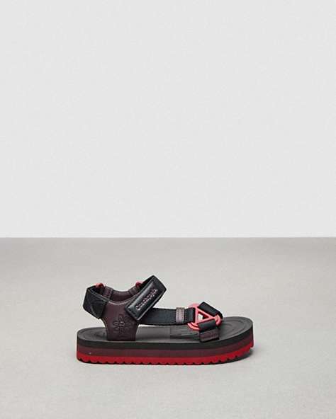 COACH®,Strappy Sandal,Coachtopia Leather,Black/Oxblood Multi,Front View