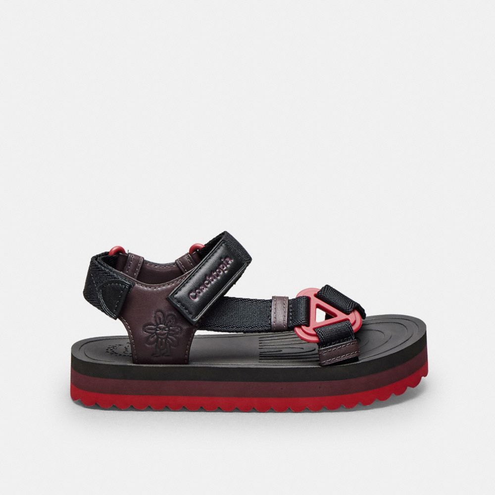 COACH®,Strappy Sandal,Coachtopia Leather,Black/Oxblood Multi,Angle View